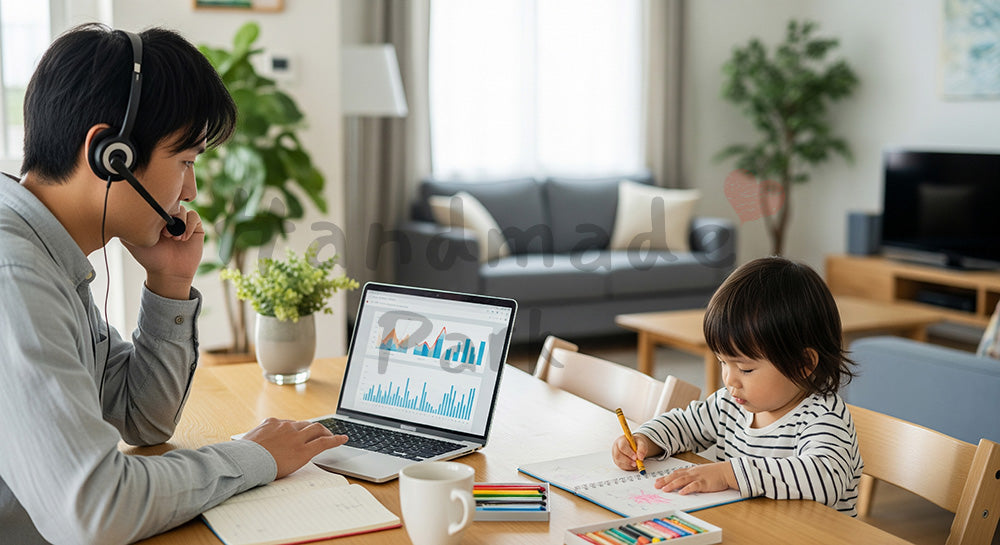 フリー素材 無料 写真|ダイニングで在宅勤務をする日本人親と横でお絵かきをする幼児のシーン コピースペースあり