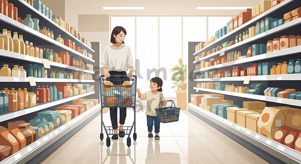フリー素材 無料 写真|スーパーでショッピングカートを押しながら子どもと買い物をする日本人母子 コピースペースあり
