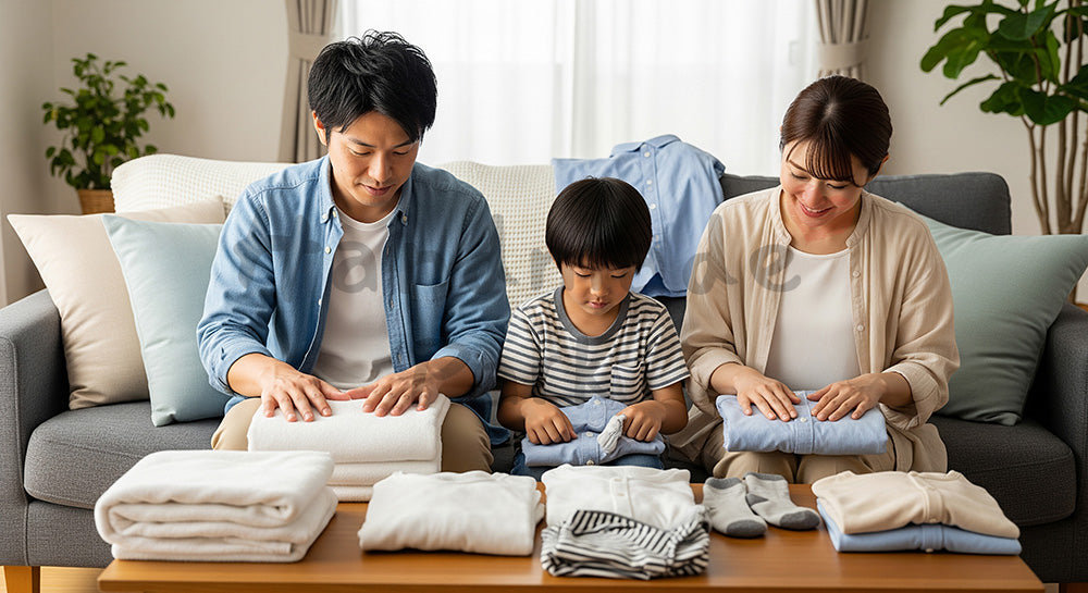フリー素材 無料 写真|リビングで洗濯物を家族みんなでたたむ日本人家族のランドリーシーン(表現6)
