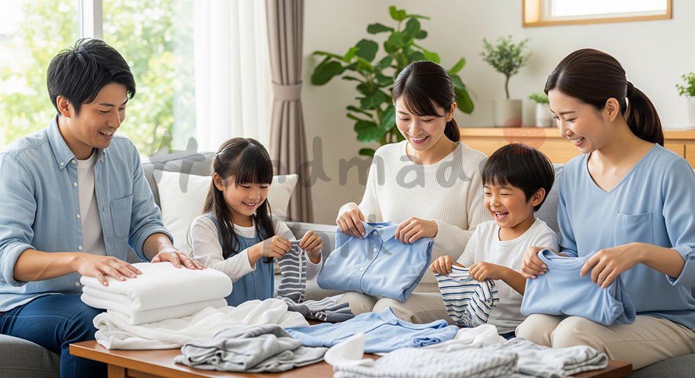 フリー素材 無料 写真|リビングで洗濯物を家族みんなでたたむ日本人家族のランドリーシーン(表現5)
