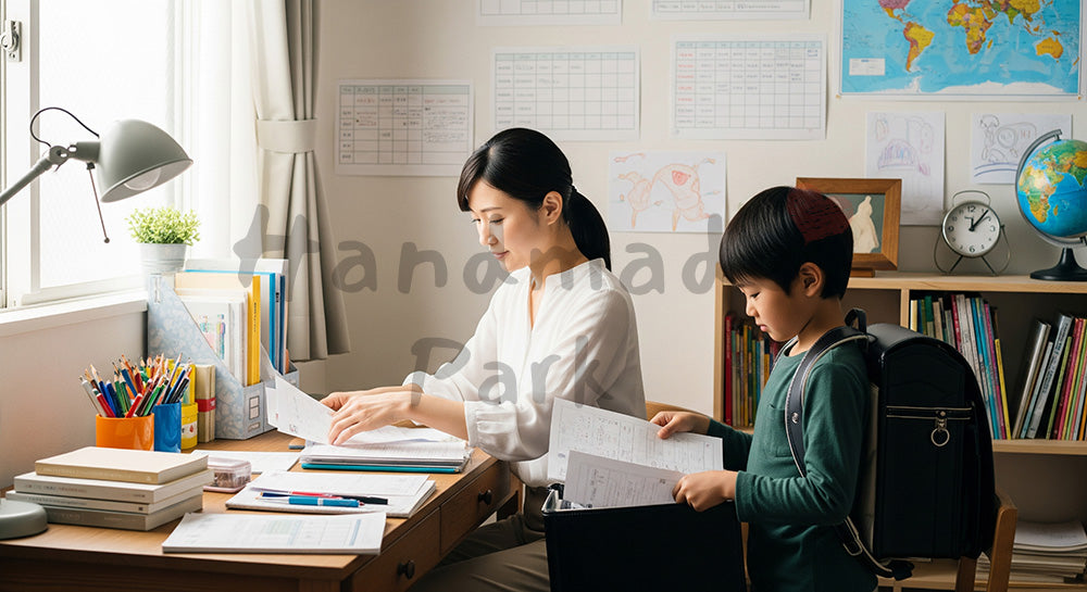 フリー素材 無料 写真|子ども部屋で学習机まわりのプリントを整理する日本人母子のシーン(表現2)