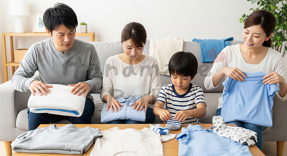 フリー素材 無料 写真|リビングで洗濯物を家族みんなでたたむ日本人家族のランドリーシーン(表現3)