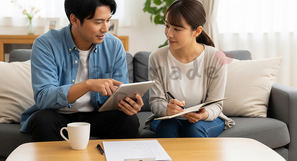 フリー素材 無料 写真|ソファで家事分担表を見ながら話し合う日本人夫婦のライフスタイルシーン(表現7)