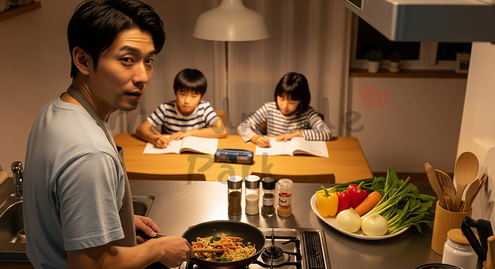 フリー素材 無料 写真|キッチンで夕食を作りながらダイニングの子どもを見守る日本人父親(表現7)