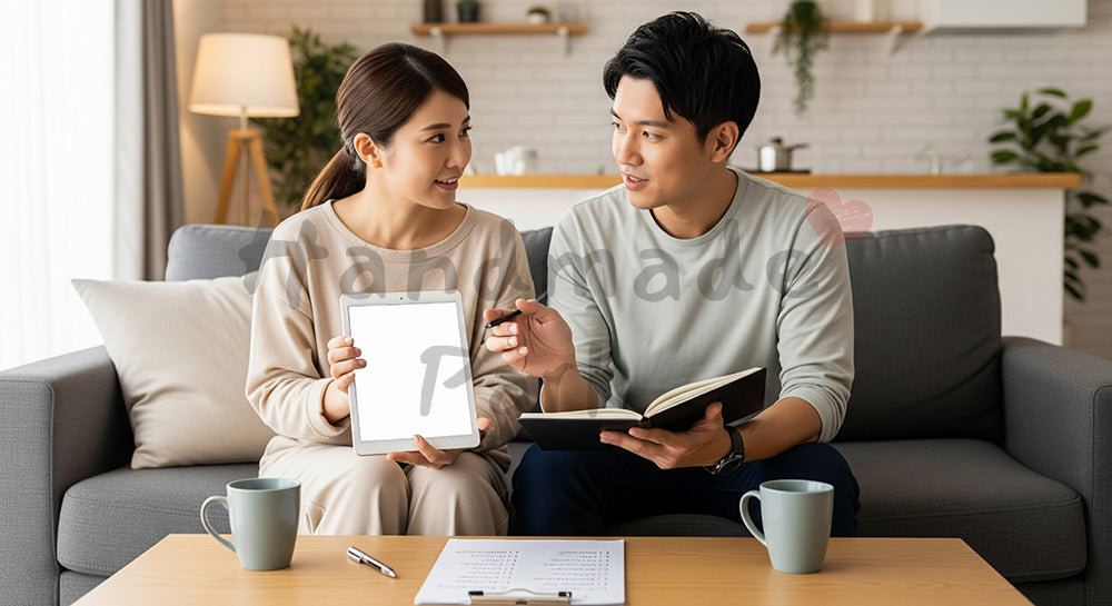 フリー素材 無料 写真|ソファで家事分担表を見ながら話し合う日本人夫婦のライフスタイルシーン(表現1)