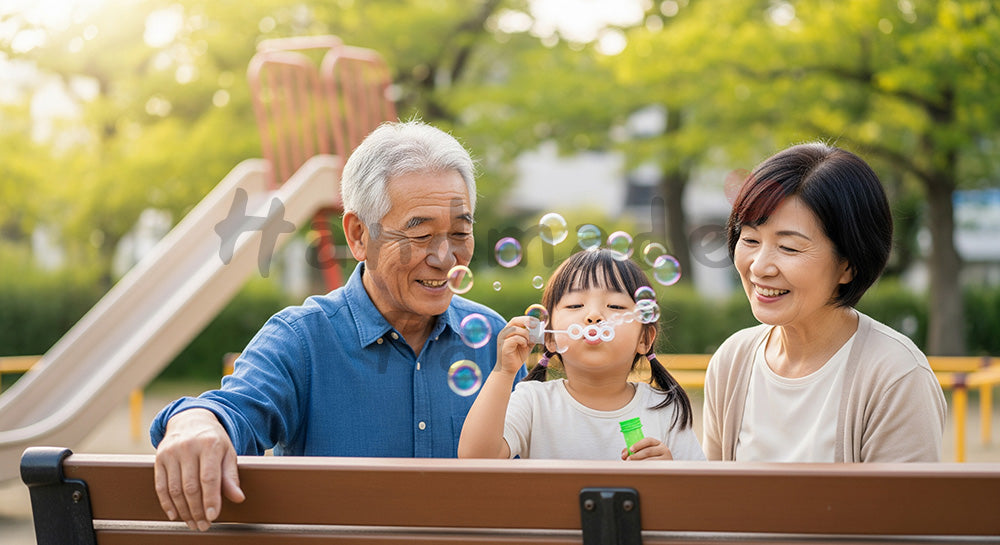 フリー素材 無料 写真|公園のベンチで孫とシャボン玉遊びを楽しむ日本人祖父母の子育てサポート(表現2)