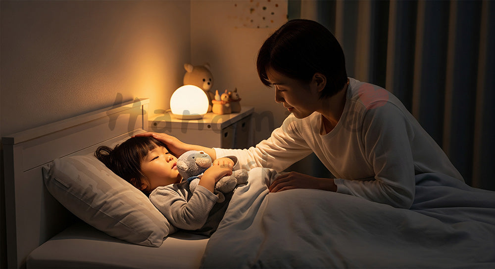 フリー素材 無料 写真|子ども部屋で幼児をやさしく寝かしつける日本人親のナイトタイムシーン(表現3)
