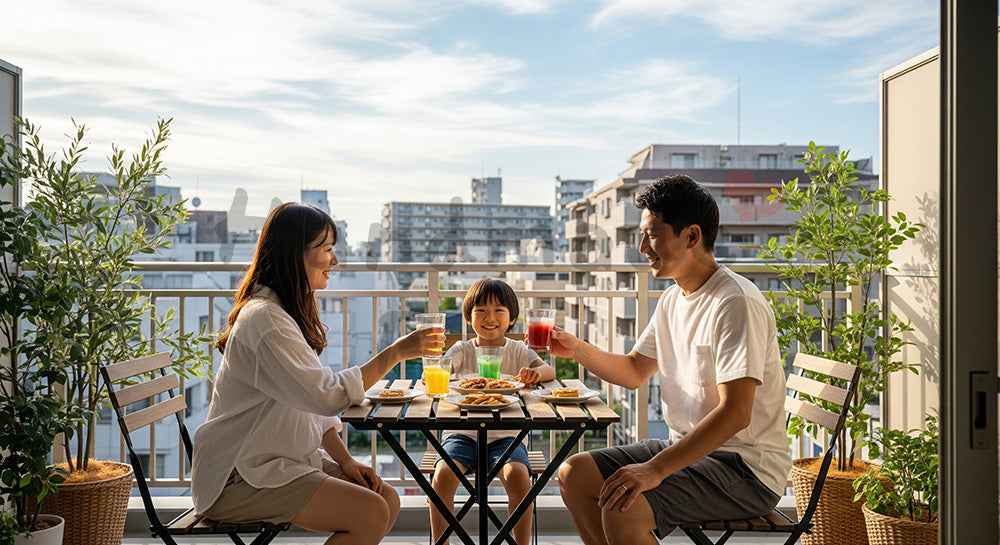 フリー素材 無料 写真|バルコニーで飲み物とおやつを楽しむ日本人家族のくつろぎシーン(表現1)
