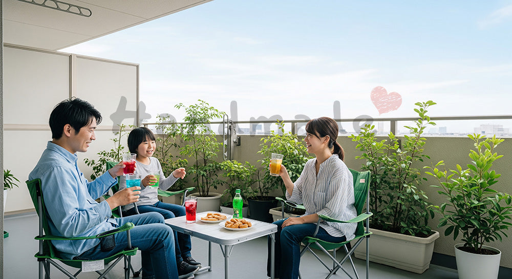 フリー素材 無料 写真|バルコニーで飲み物とおやつを楽しむ日本人家族のくつろぎシーン コピースペースあり