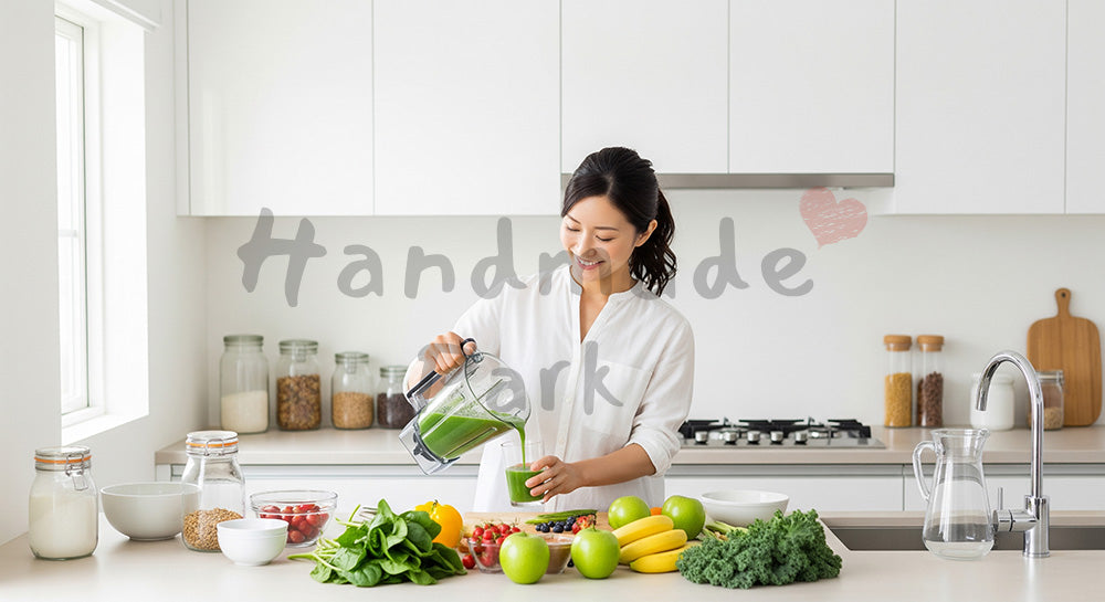 フリー素材 無料 写真|キッチンでスムージーを作る日本人女性のヘルシーな生活(表現7)