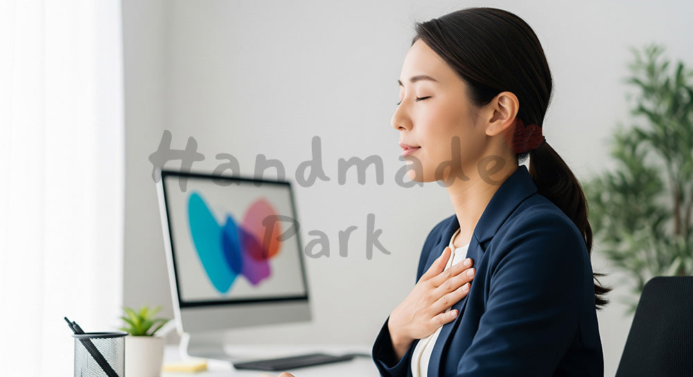 フリー素材 無料 写真|深呼吸で気持ちを整える日本人女性のメンタルケアシーン コピースペースあり