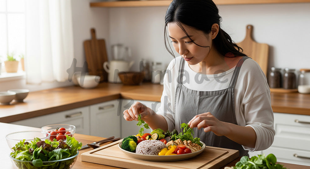 フリー素材 無料 写真|健康的なワンプレート料理を盛り付ける日本人女性 余白あり