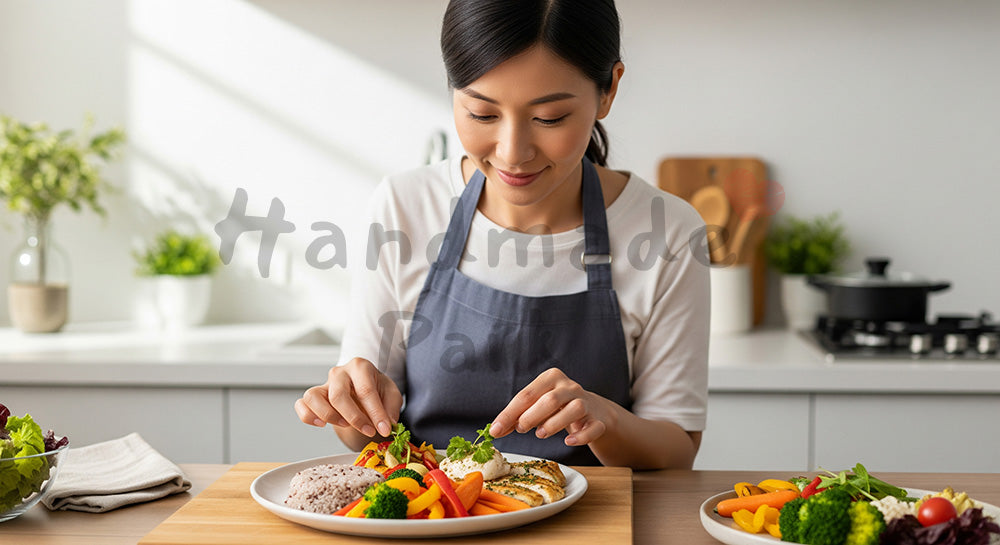 フリー素材 無料 写真|健康的なワンプレート料理を盛り付ける日本人女性 写真背景