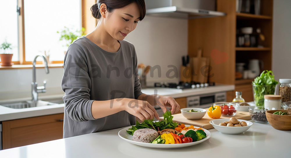 フリー素材 無料 写真|健康的なワンプレート料理を盛り付ける日本人女性 背景素材