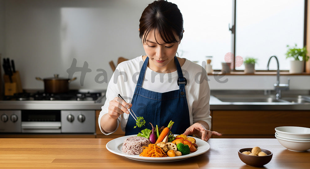 フリー素材 無料 写真|健康的なワンプレート料理を盛り付ける日本人女性