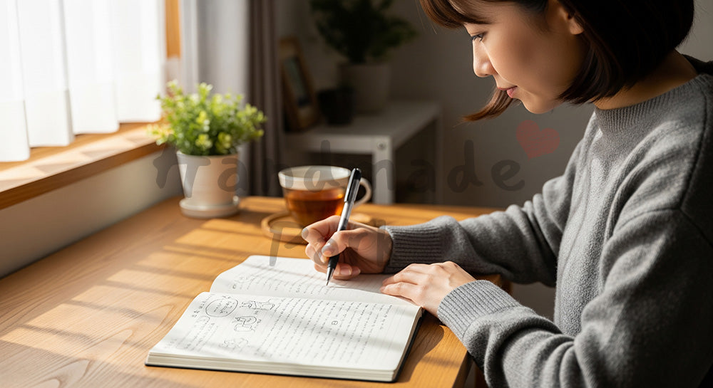フリー素材 無料 写真|ジャーナリングで気持ちを整える日本人女性の筆記シーン(表現3)