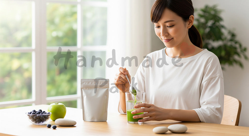 フリー素材 無料 写真|青汁を飲む日本人女性の健康習慣 コピースペースあり