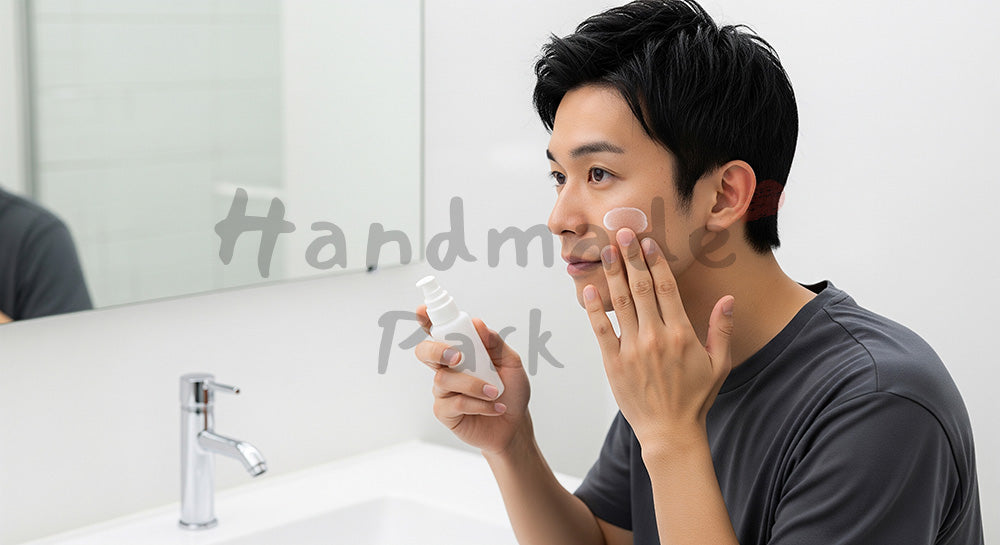 フリー素材 無料 写真|乳液を塗る日本人男性のメンズスキンケア(表現1)