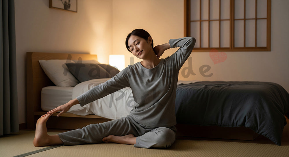 フリー素材 無料 写真|寝る前に軽くストレッチする日本人女性のリラックスシーン(表現2)