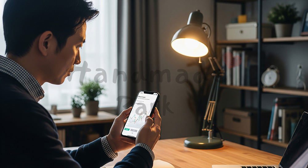 フリー素材 無料 写真|スマホで投資状況を確認する日本人男性の資産管理シーン(表現2)