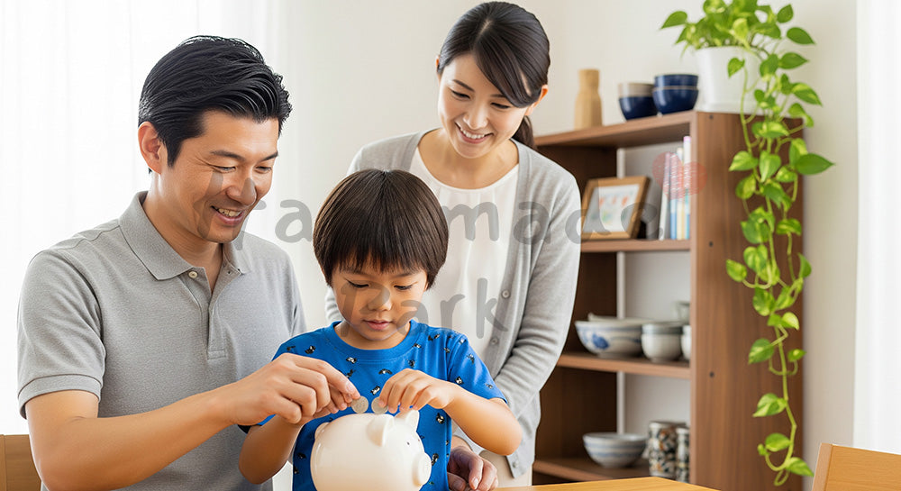 フリー素材 無料 写真|貯金箱に硬貨を入れて家族で貯金の習慣を学ぶ日本人家庭(表現2)