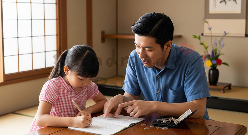 フリー素材 無料 写真|おこづかい帳の書き方を父親から学ぶ日本人の娘(表現2)