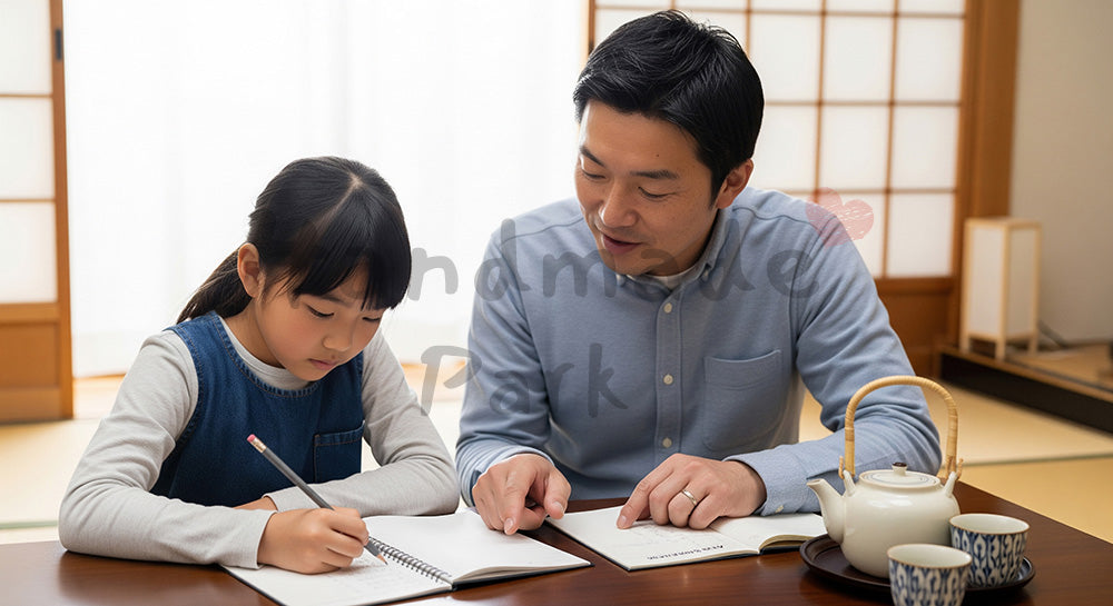 フリー素材 無料 写真|おこづかい帳の書き方を父親から学ぶ日本人の娘(表現1)