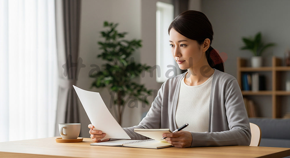 フリー素材 無料 写真|住宅ローンの情報を調べる日本人女性の家計見直しシーン 余白あり