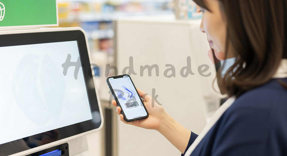 フリー素材 無料 写真|スマホ決済で支払いをする日本人女性のキャッシュレスシーン コピースペースあり