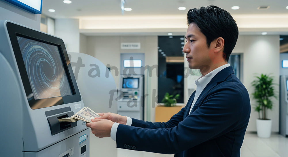 フリー素材 無料 写真|ATMで入金操作をする日本人男性の金融シーン(表現2)