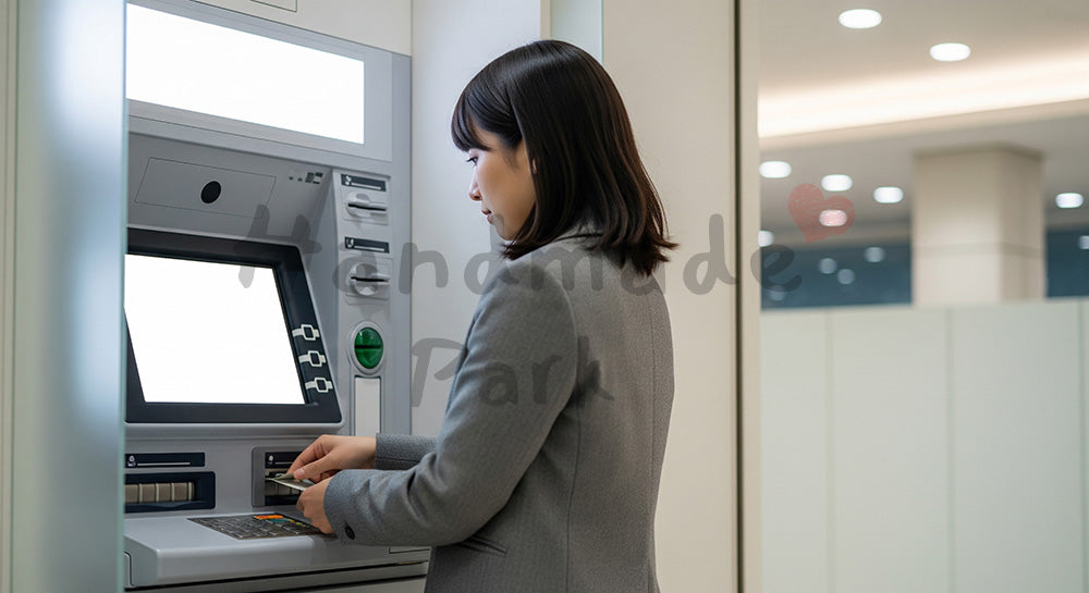 フリー素材 無料 写真|ATMで現金を引き出す日本人女性の資金管理シーン(表現2)