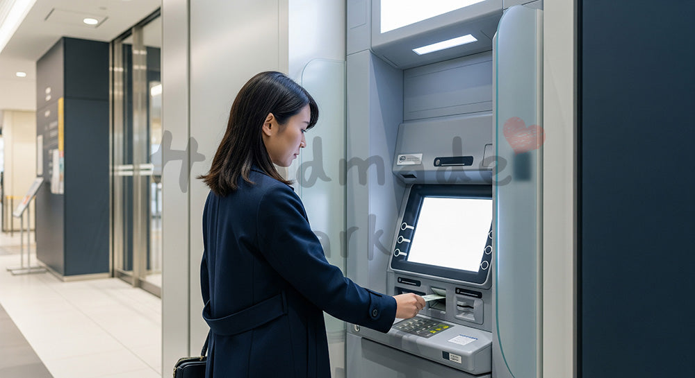フリー素材 無料 写真|ATMで現金を引き出す日本人女性の資金管理シーン コピースペースあり