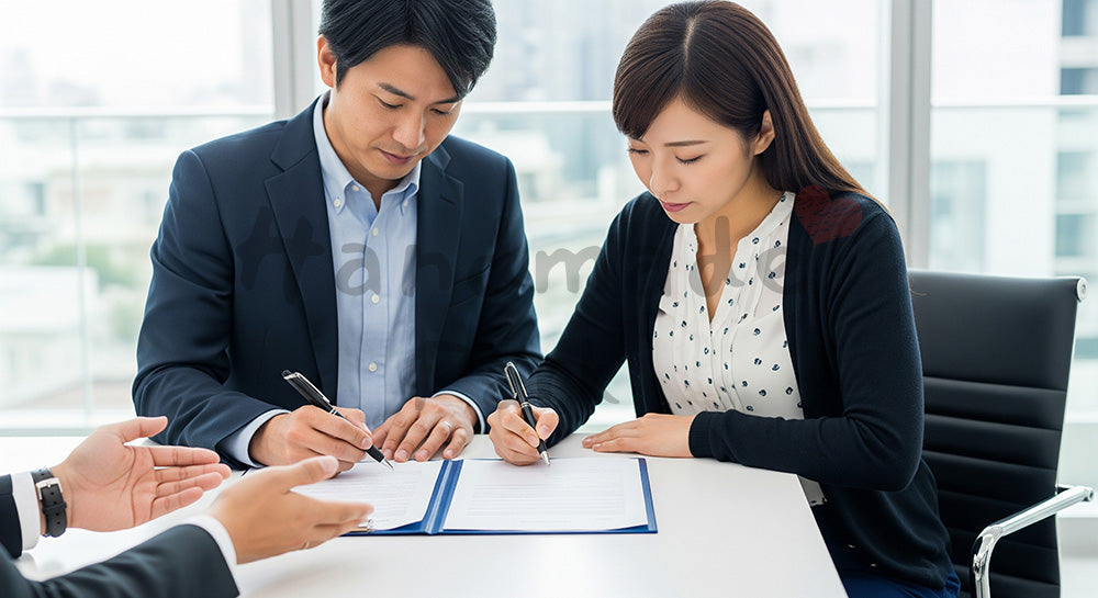 フリー素材 無料 写真|中立的な契約書に署名する日本人夫婦のライフプランシーン(表現2)
