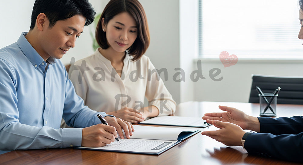 フリー素材 無料 写真|中立的な契約書に署名する日本人夫婦のライフプランシーン(表現1)