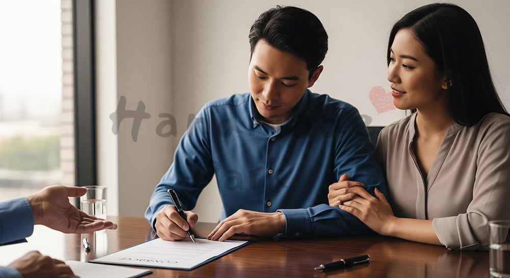 フリー素材 無料 写真|中立的な契約書に署名する日本人夫婦のライフプランシーン コピースペースあり