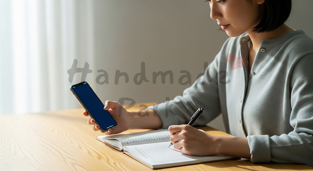 フリー素材 無料 写真|家計簿アプリと紙の帳簿を併用して支出管理をする日本人女性(表現2)