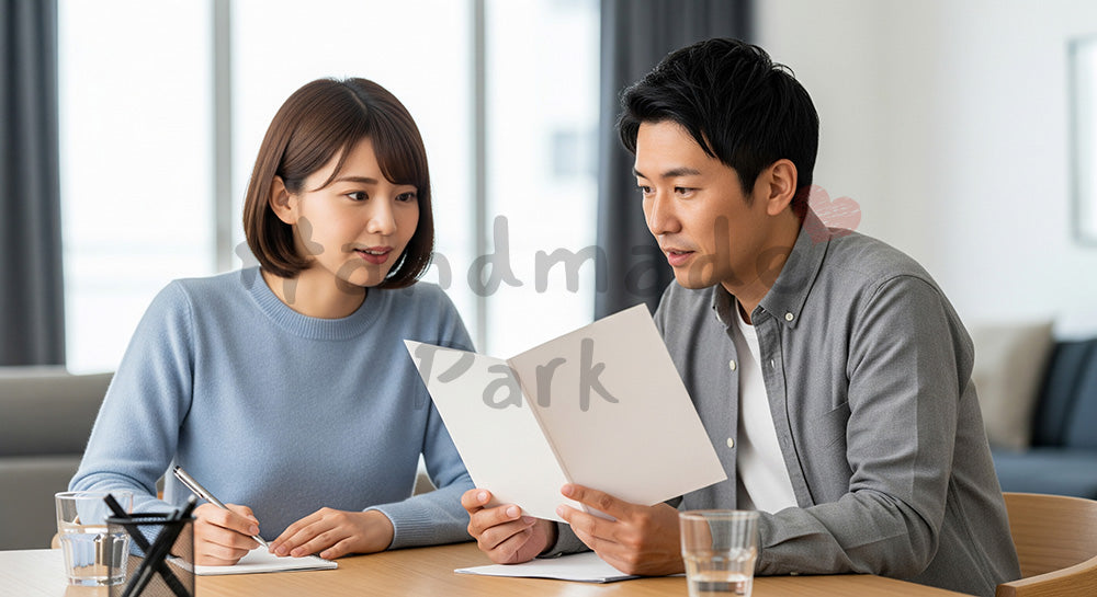 フリー素材 無料 写真|無地パンフレットを使って保険や将来計画を話し合う日本人夫婦(表現1)