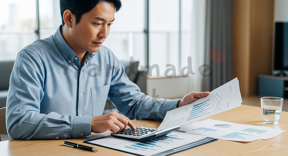 フリー素材 無料 写真|住宅ローン返済計画を立てる日本人男性のライフプランニング(表現3)