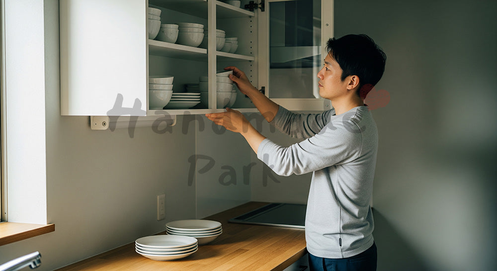 フリー素材 無料 写真|キッチンの食器棚を整理する日本人男性のすっきり暮らし(表現3)