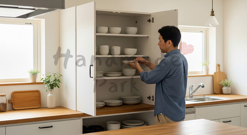 フリー素材 無料 写真|キッチンの食器棚を整理する日本人男性のすっきり暮らし コピースペースあり