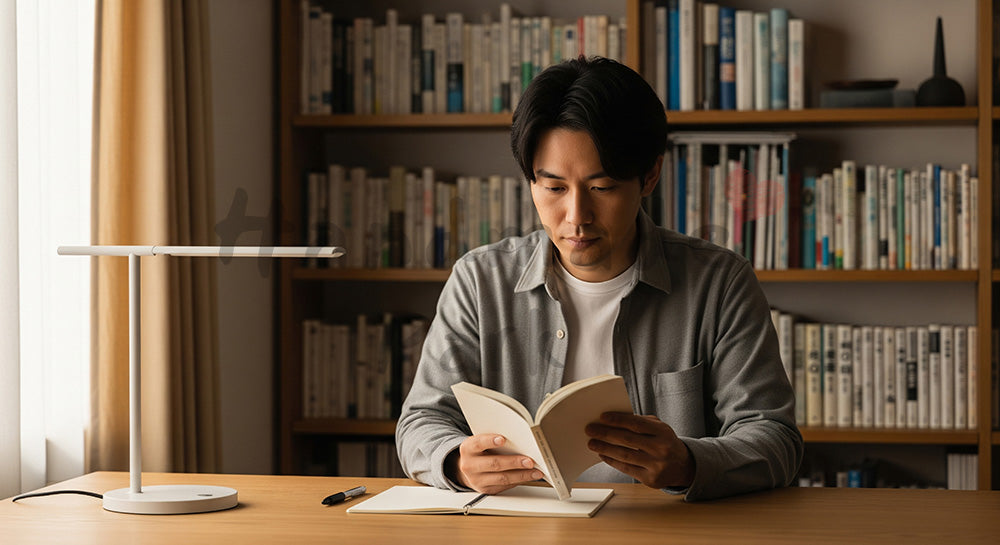 フリー素材 無料 写真|書斎で読書を楽しむ日本人男性の静かな暮らし(表現3)
