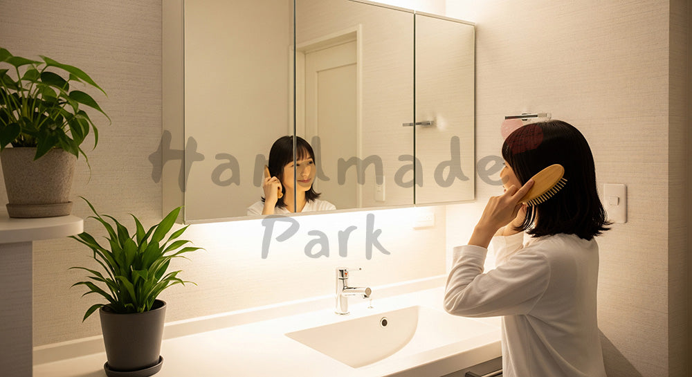 フリー素材 無料 写真|洗面所で髪をとかしながら微笑む日本人女性の暮らしシーン(表現2)