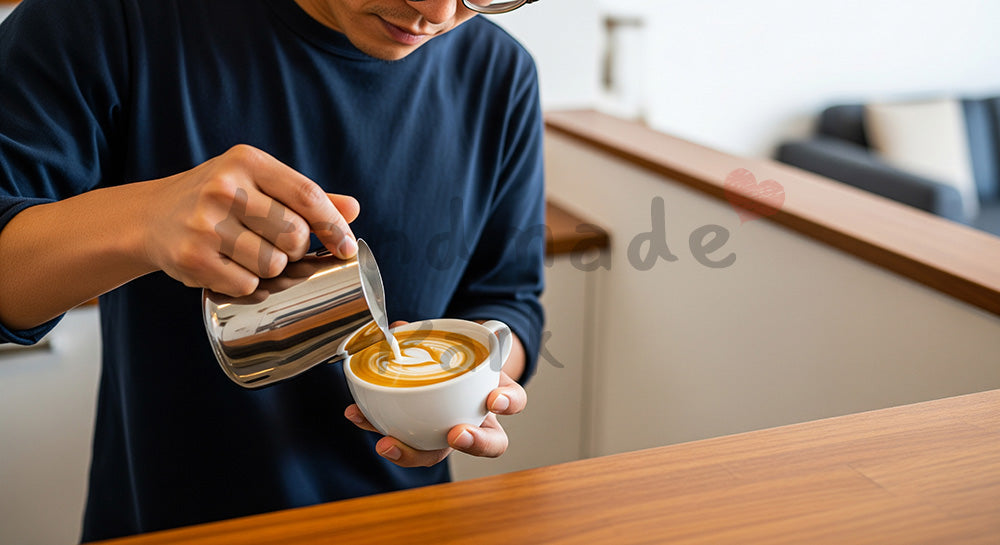 フリー素材 無料 写真|ホームカフェでラテアートを楽しむ日本人男性のキッチンシーン(表現2)