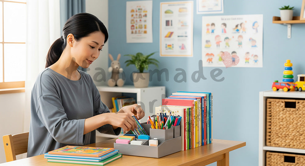 フリー素材 無料 写真|子ども部屋で机周りを整理する日本人母親(表現2)