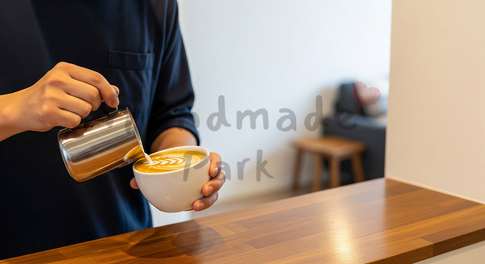 フリー素材 無料 写真|ホームカフェでラテアートを楽しむ日本人男性のキッチンシーン 写真背景