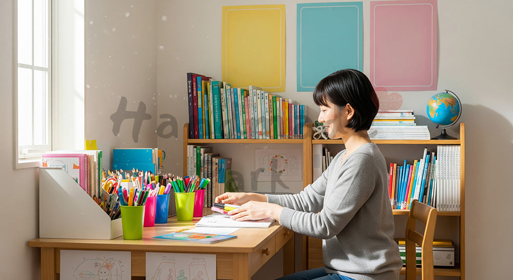 フリー素材 無料 写真|子ども部屋で机周りを整理する日本人母親