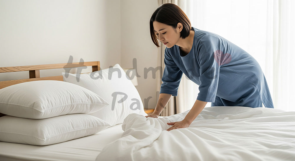 フリー素材 無料 写真|寝室でシーツと枕を整える日本人女性の整え暮らし(表現2)