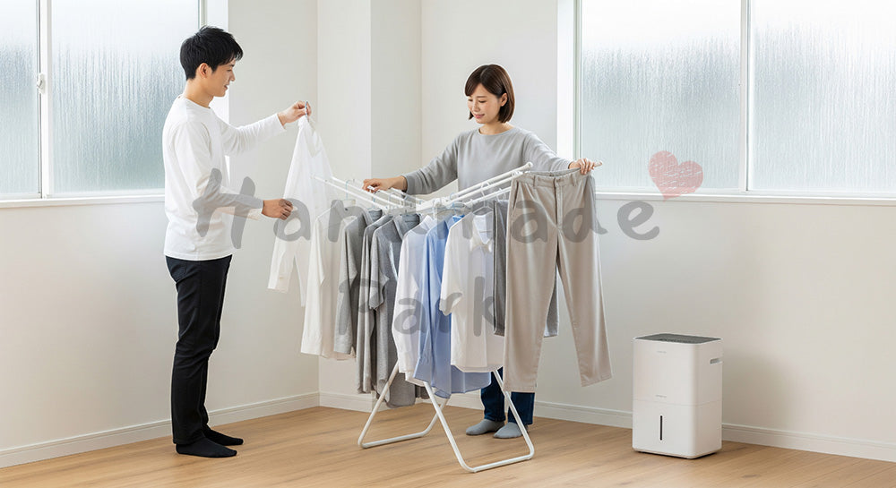 フリー素材 無料 写真|室内干しスタンドで洗濯物を干す日本人夫婦の雨の日家事シーン 背景素材