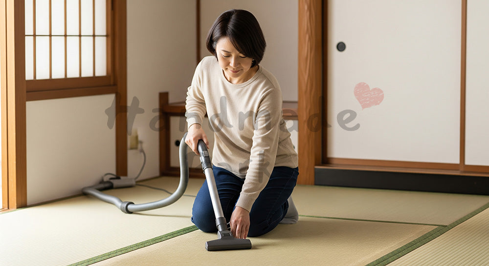 フリー素材 無料 写真|和室の畳を小型掃除機で丁寧に掃除する日本人のシンプルライフ(表現3)