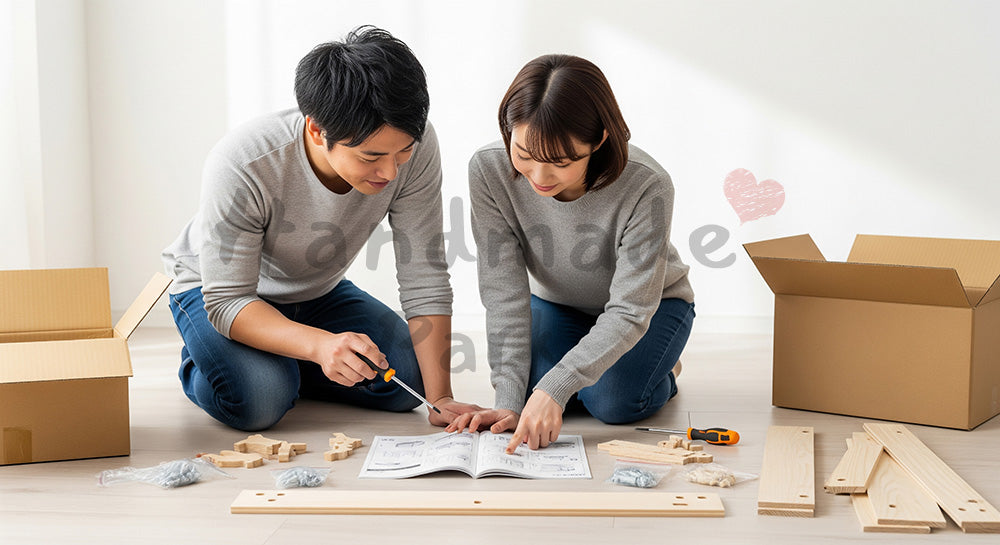 フリー素材 無料 写真|リビングで組み立て家具をDIYする日本人夫婦の住まいづくり 写真背景